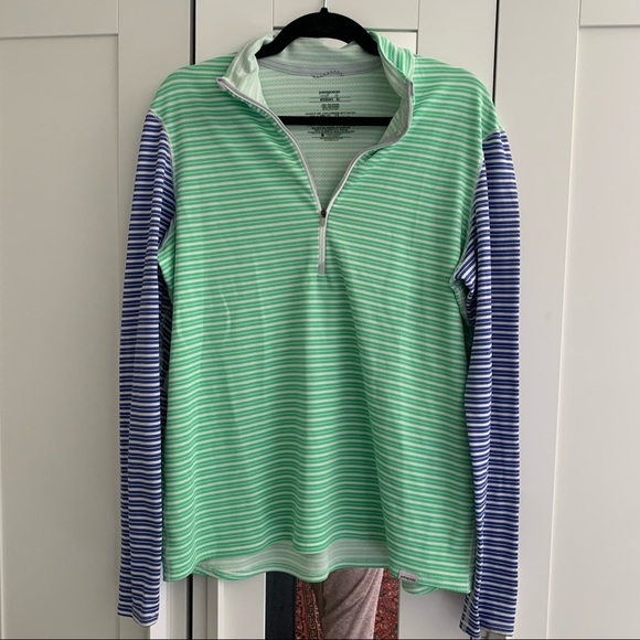 Patagonia Tops - Patagonia Blue and Green Striped quarter zip Capilene base layer sweater XL